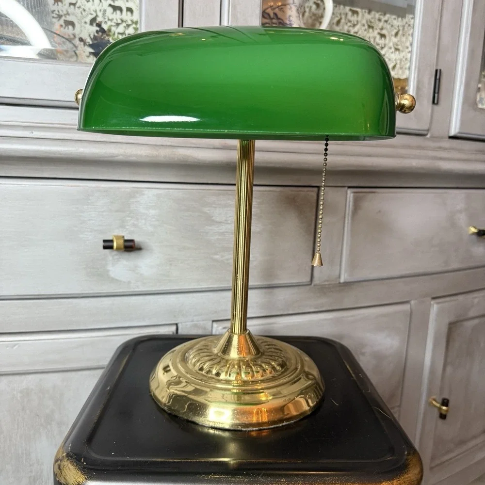 Vintage Bankers Desk Lamp Emerald Green Glass Shade and Column Underwriters Lab